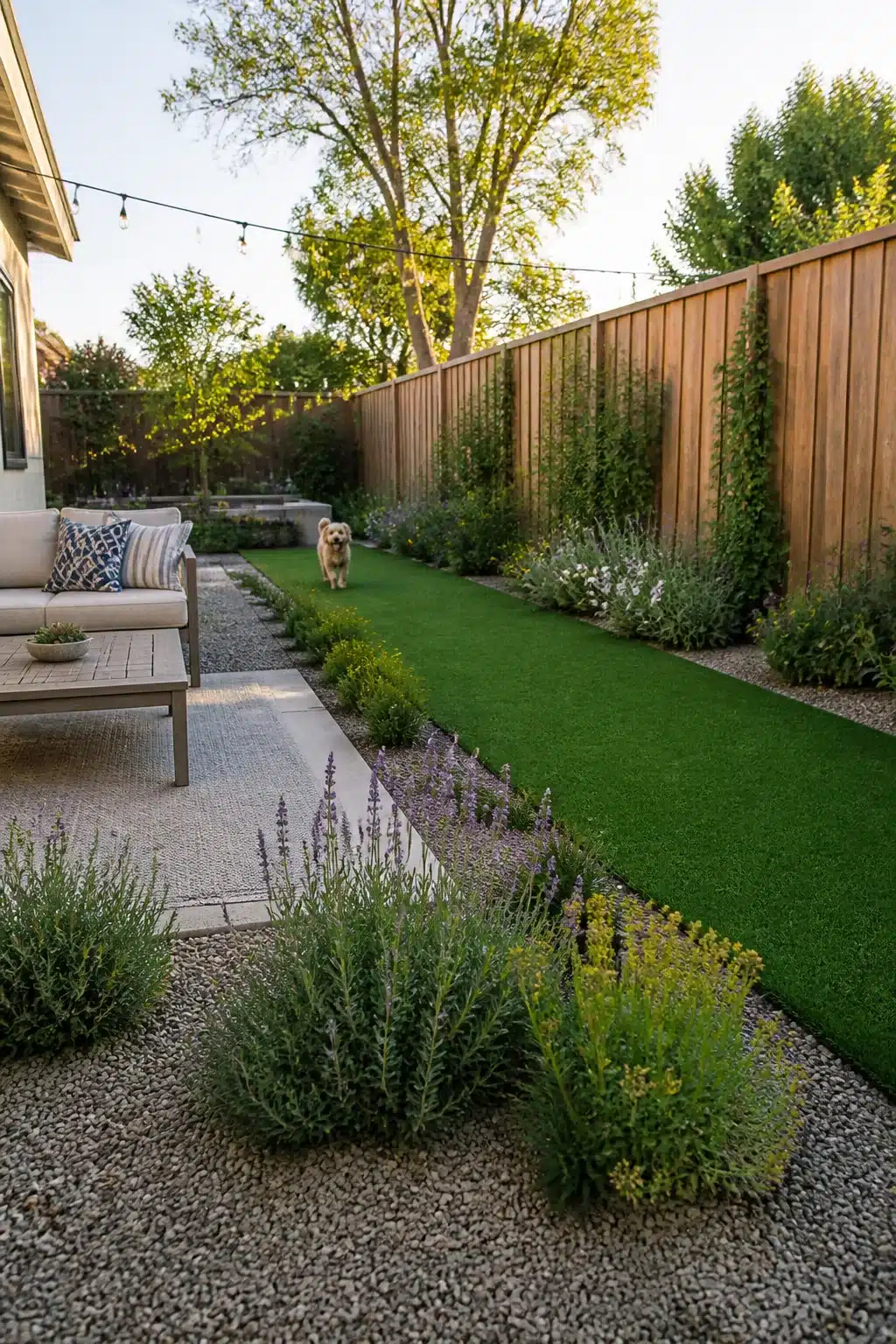Dog friendly backyard landscaping ideas with synthetic turf run, gravel surround, and lavender border planting.