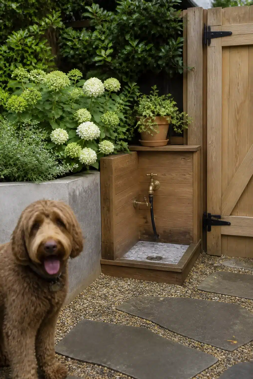 Oak paw-wash station with brass faucet at garden gate — dog friendly backyard landscaping ideas with gravel and flagstone