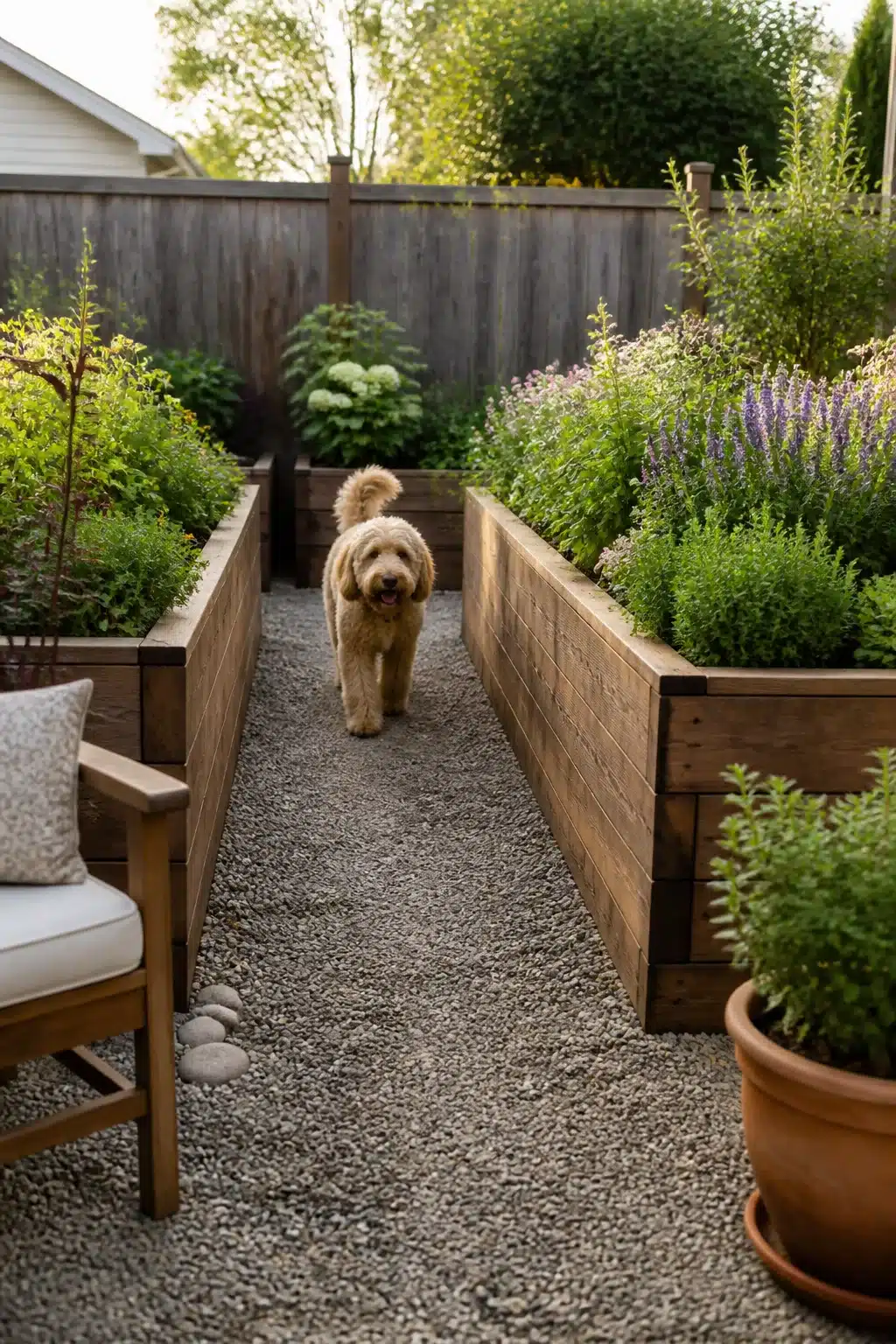 Dog friendly backyard landscaping ideas with raised wooden garden beds and a gravel path between them