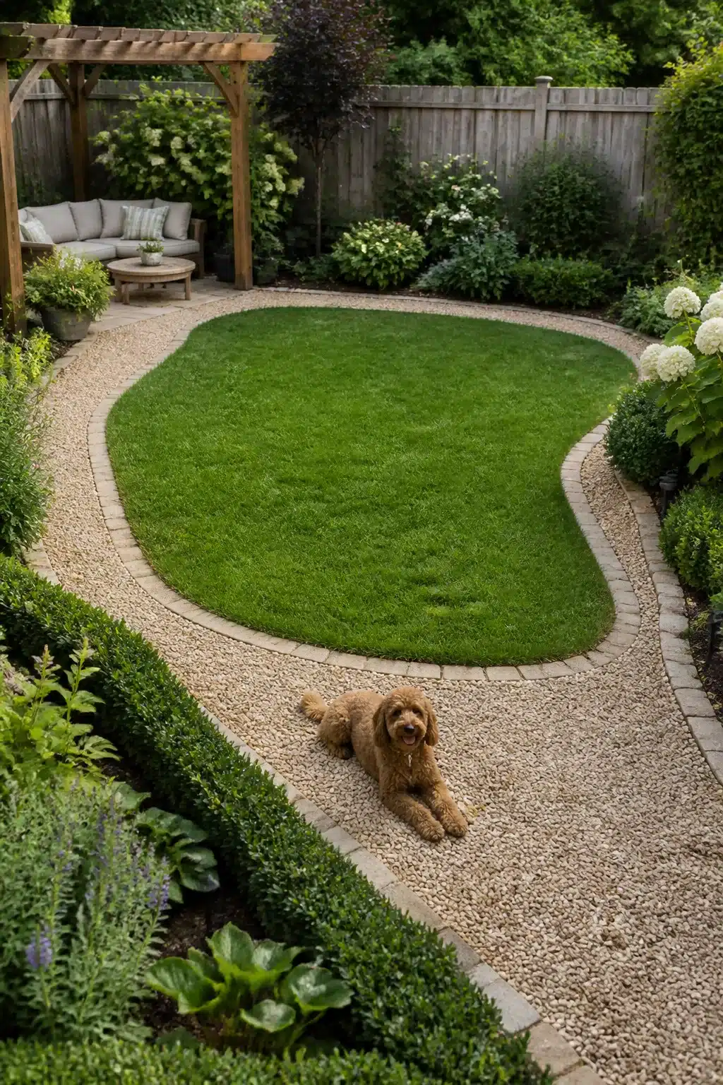 Dog friendly backyard landscaping idea with a pea gravel loop path, oval lawn, and a golden doodle relaxing in the garden.