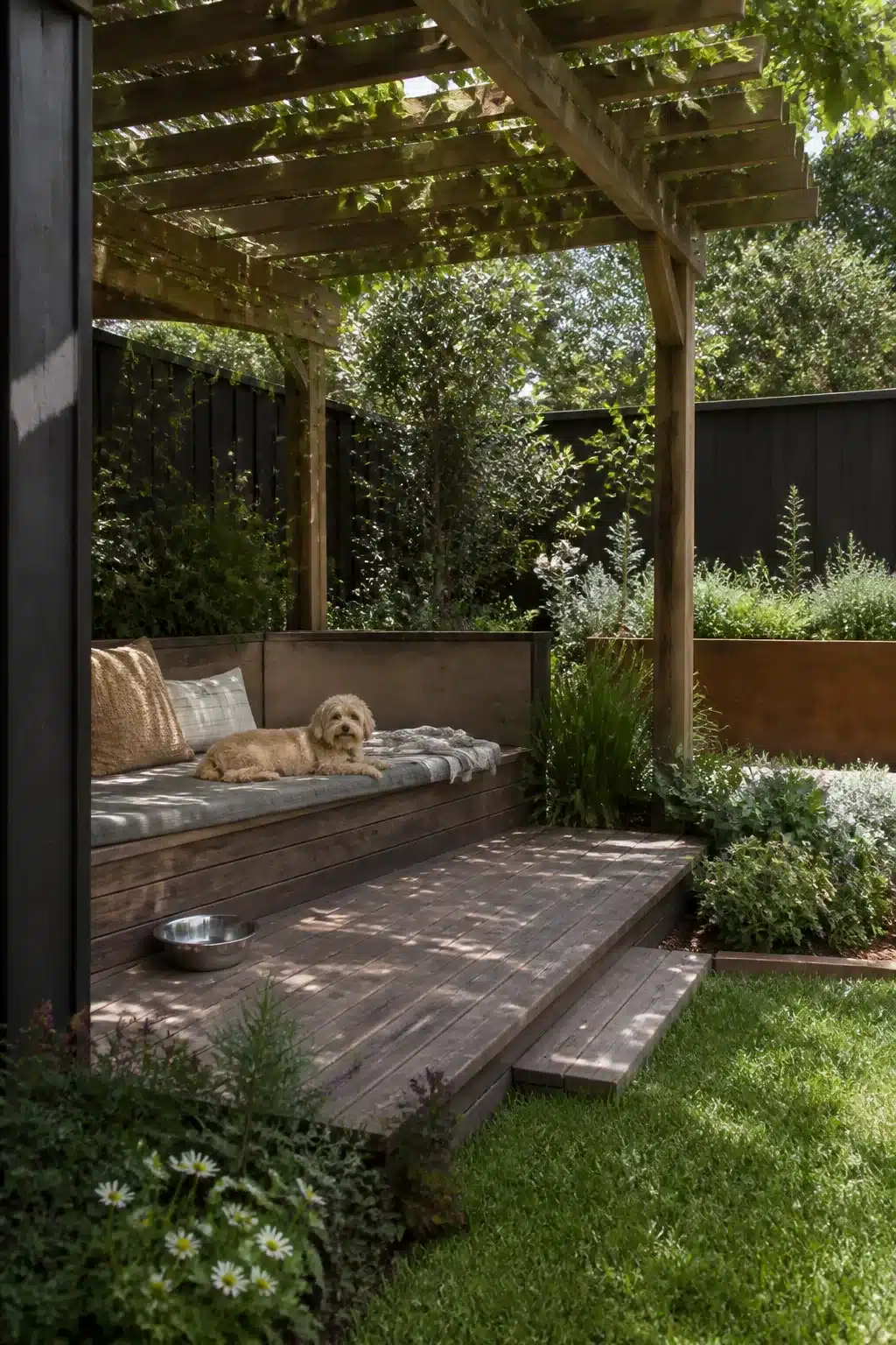 Dog friendly backyard landscaping idea with pergola, timber deck bench, and vine shade — golden doodle lounging