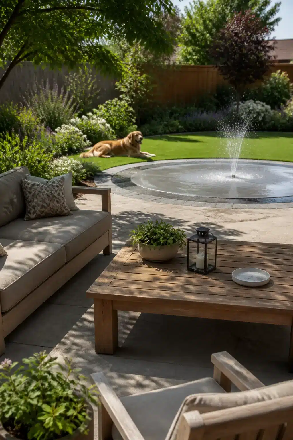 Dog friendly backyard landscaping idea with circular splash fountain, stone patio, and golden retriever relaxing nearby