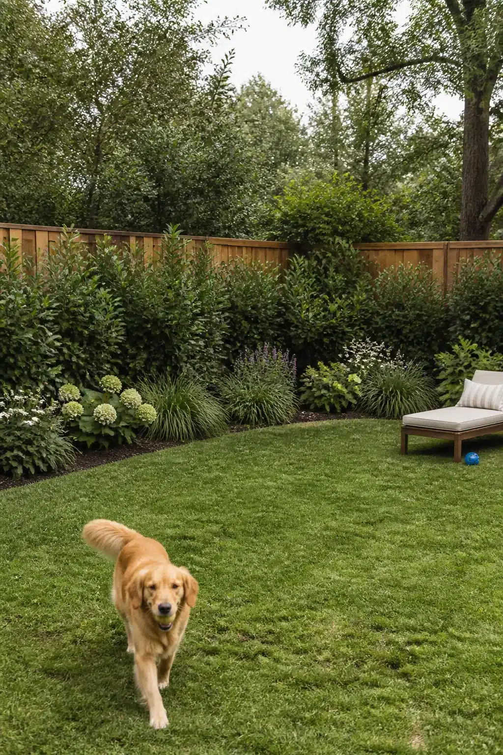 Golden retriever running in a backyard with dense fence line buffer planting — dog friendly backyard landscaping ideas