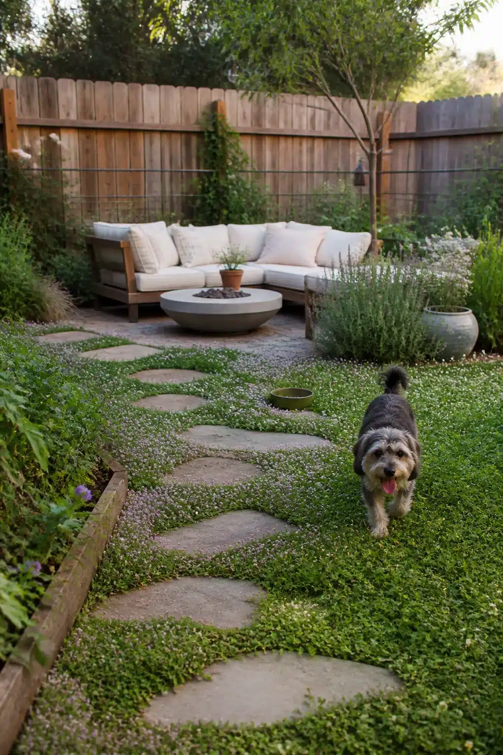 Dog friendly backyard landscaping ideas with creeping thyme ground cover, flagstone path, and outdoor sectional seating