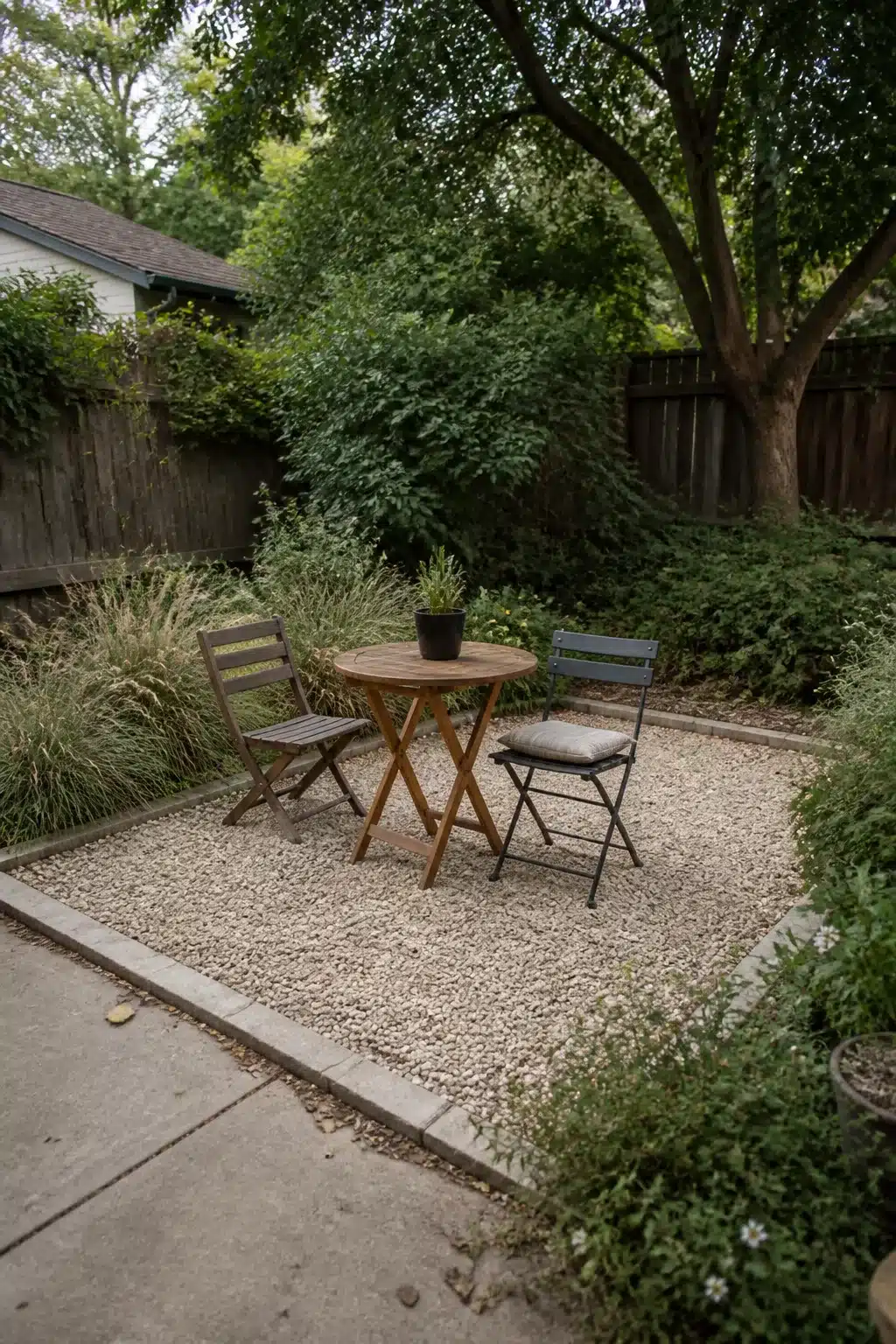 Pea gravel patio with concrete edging and bistro set — easy backyard idea on a budget under $200