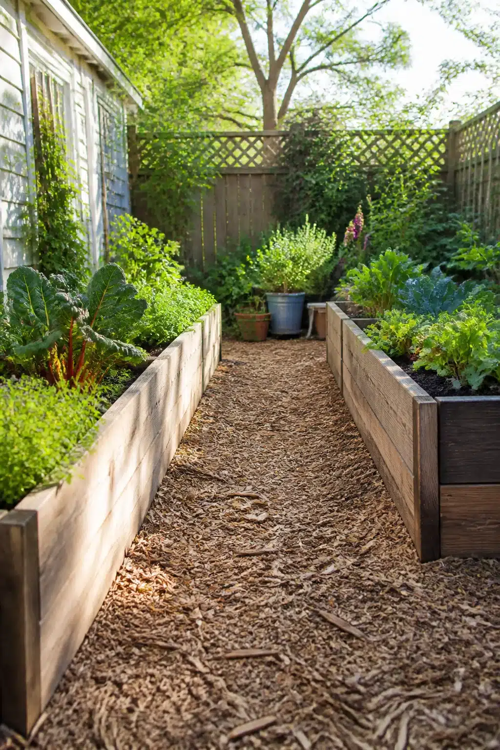 Wood chip mulch path between timber raised garden beds — easy backyard ideas on a budget