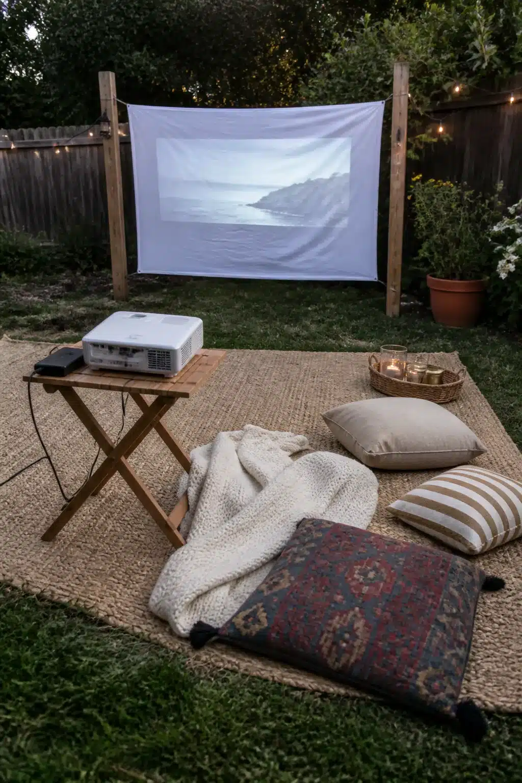 DIY backyard movie night with sheet screen and projector — easy backyard ideas on a budget
