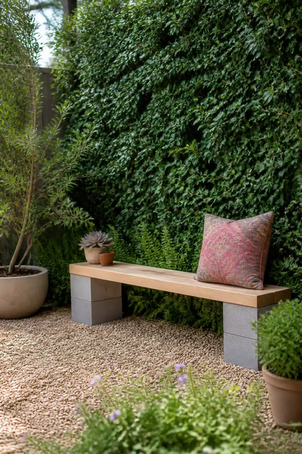 Concrete block and timber plank garden bench — easy backyard idea on a budget with gravel patio.