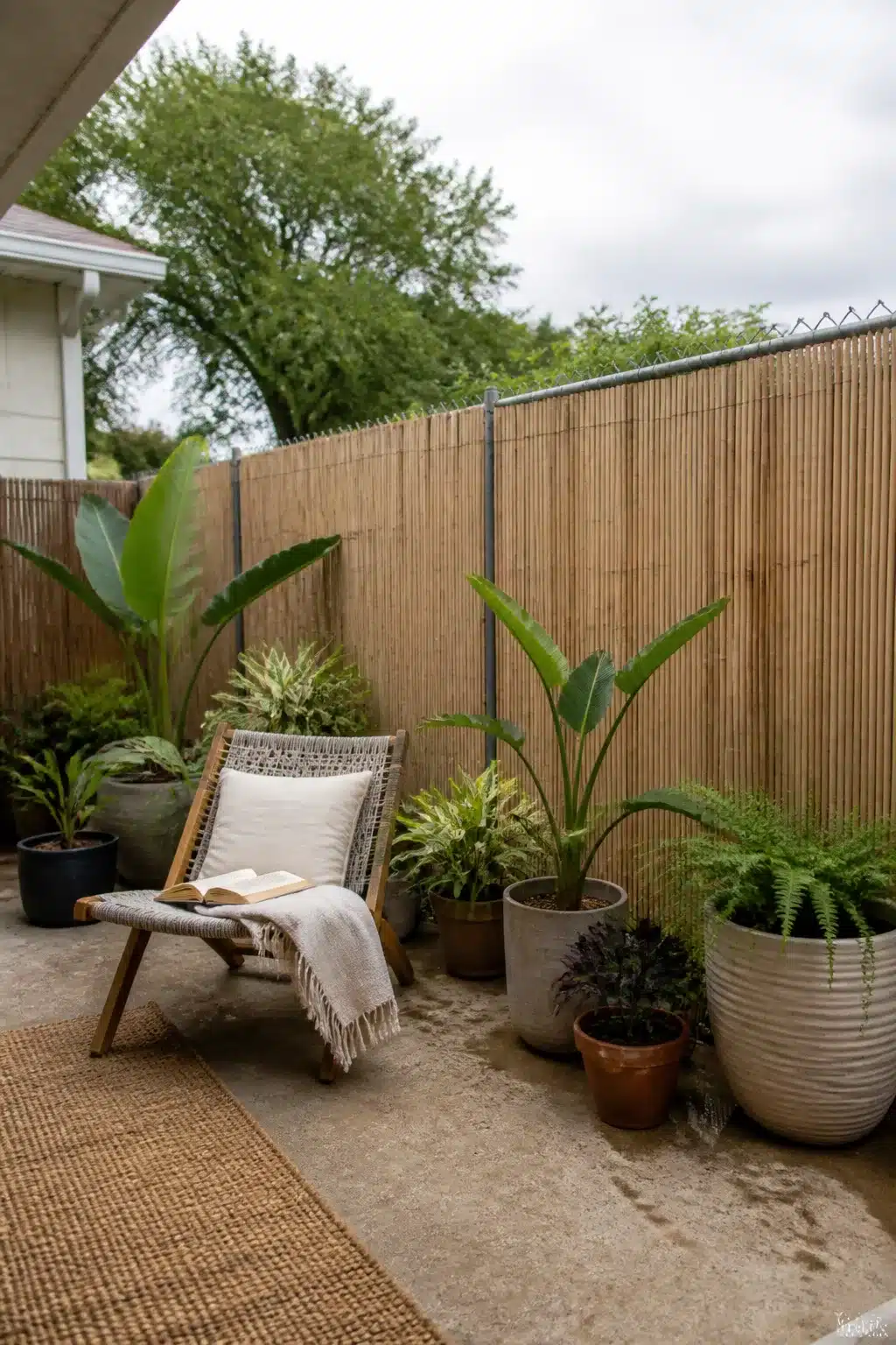 Bamboo reed privacy screen with tropical potted plants — easy backyard ideas on a budget for small outdoor spaces