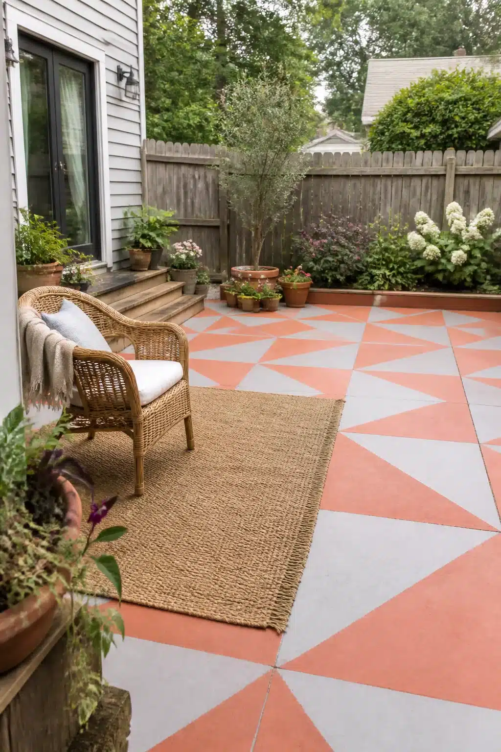 Coral and gray geometric painted concrete patio — easy backyard idea on a budget with wicker chair and jute rug.