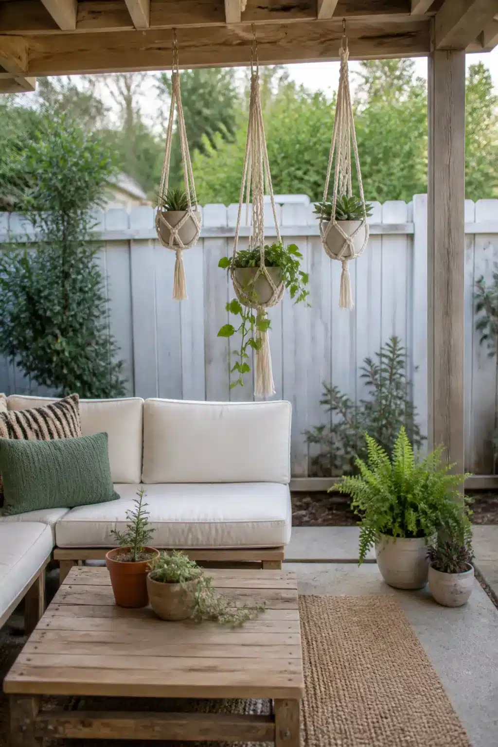 Macrame plant hangers on a budget backyard patio — easy backyard ideas on a budget with jute rug and greenery