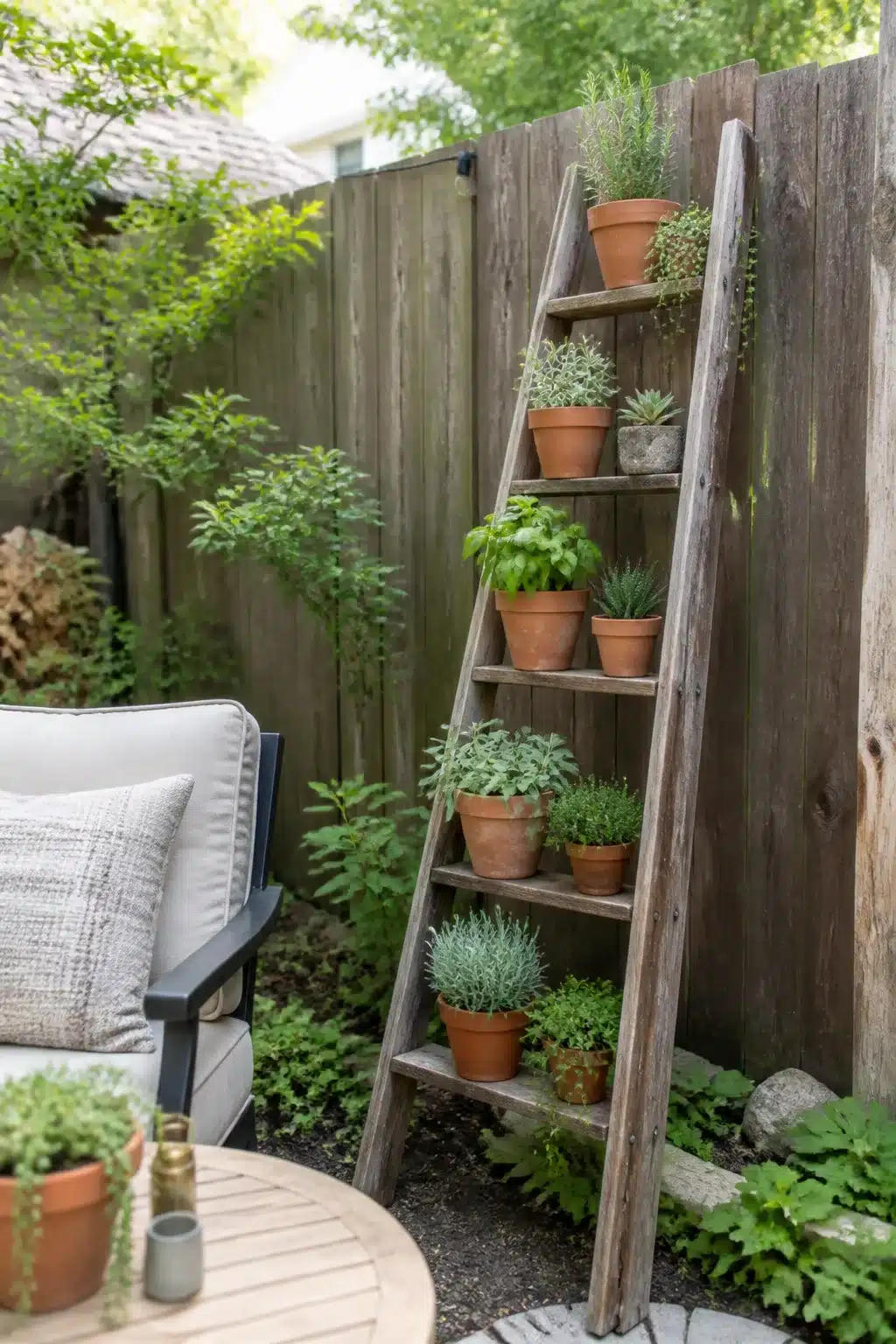 Weathered wooden ladder shelf with terra cotta herb pots against a fence — easy backyard idea on a budget