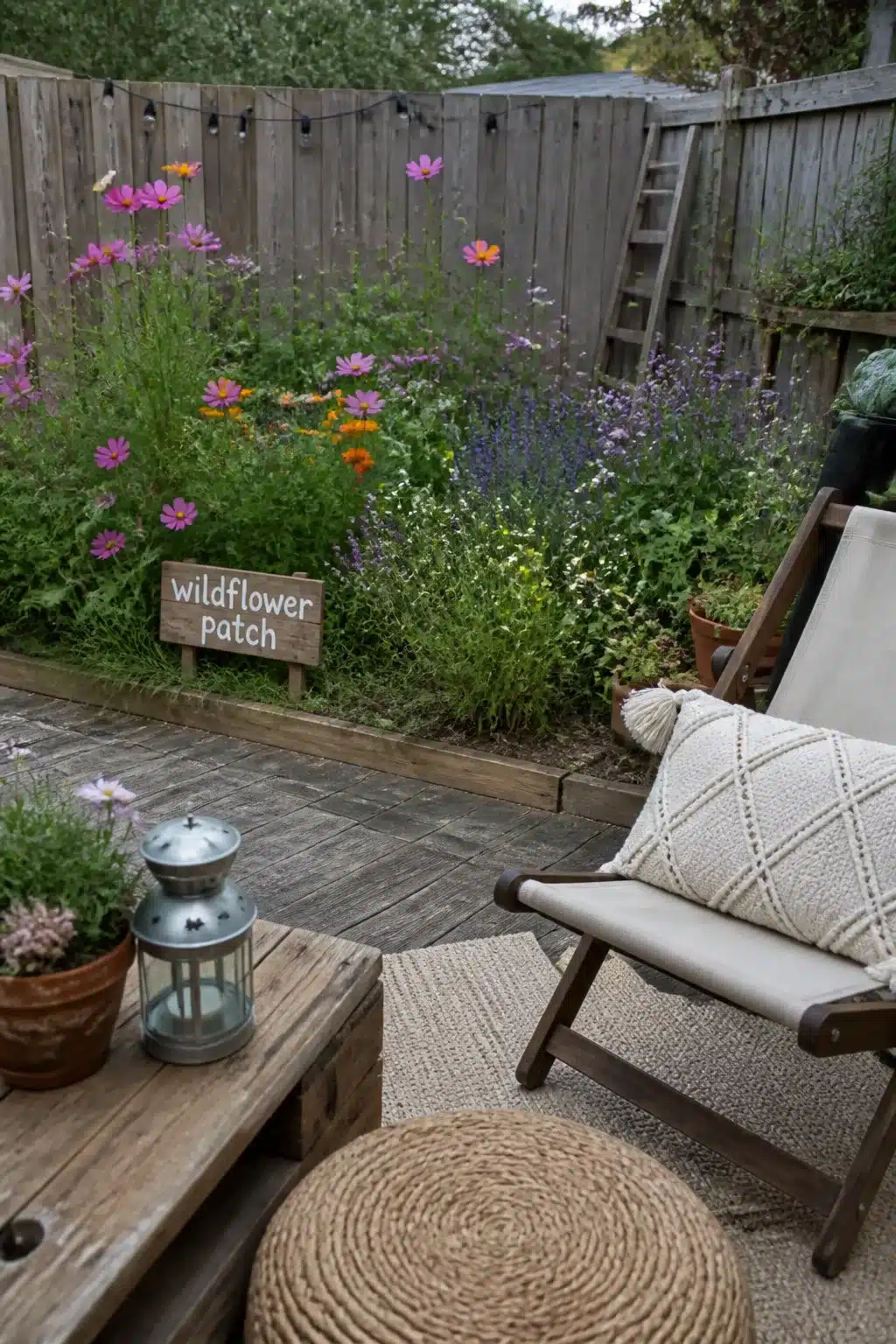 Wildflower patch with timber border edging — easy backyard idea on a budget with a cozy deck seating area