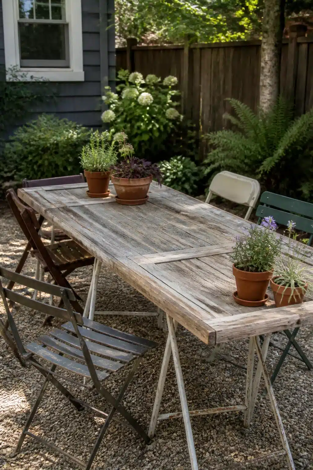 Weathered door on sawhorses as a budget backyard dining table — easy backyard ideas on a budget