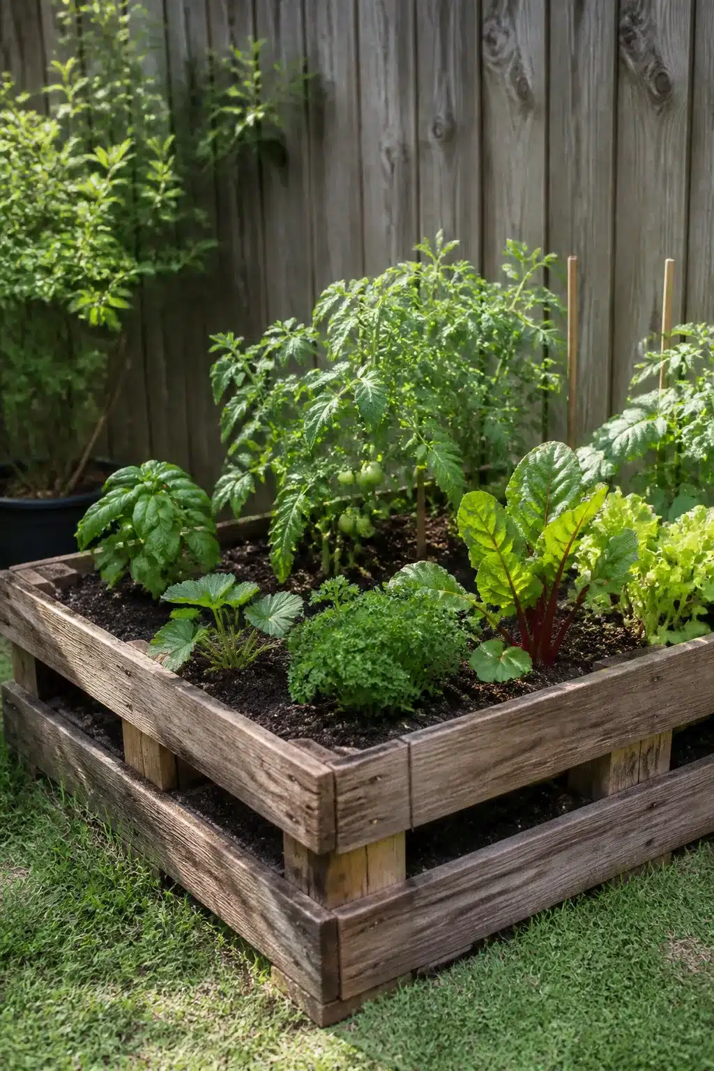 Stacked wooden pallet raised garden bed with tomatoes and chard — easy backyard ideas on a budget