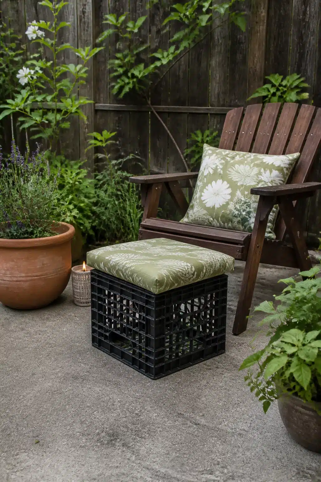 Black milk crate DIY ottoman with green cushion in a backyard — easy backyard ideas on a budget