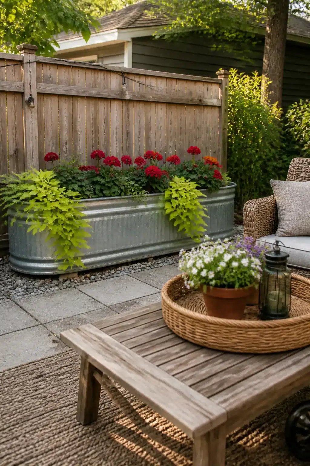 Galvanized stock tank planter with red zinnias on a paver patio — easy backyard ideas on a budget