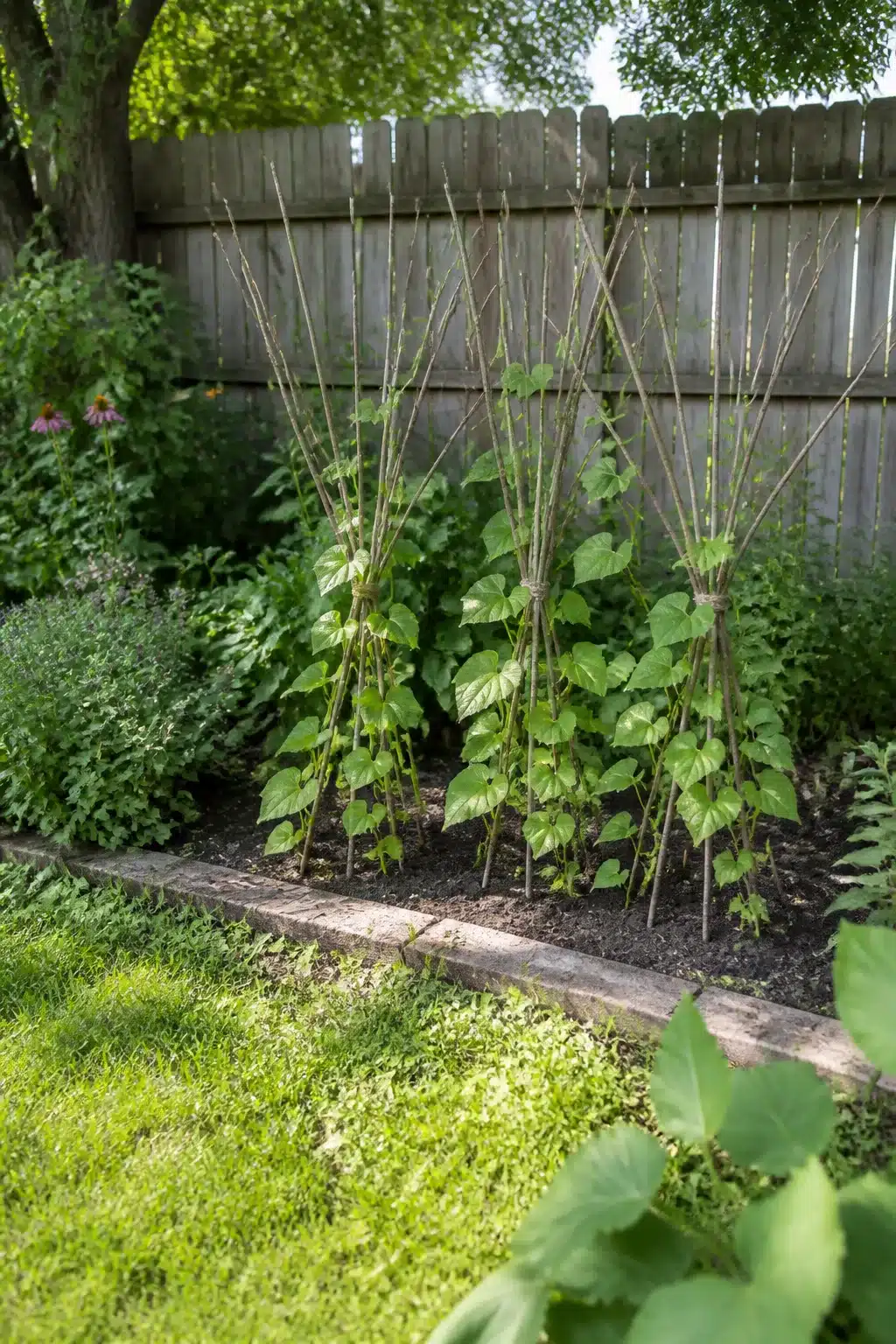 DIY twig teepee trellis in a timber-edged raised bed — easy backyard ideas on a budget using free branches.