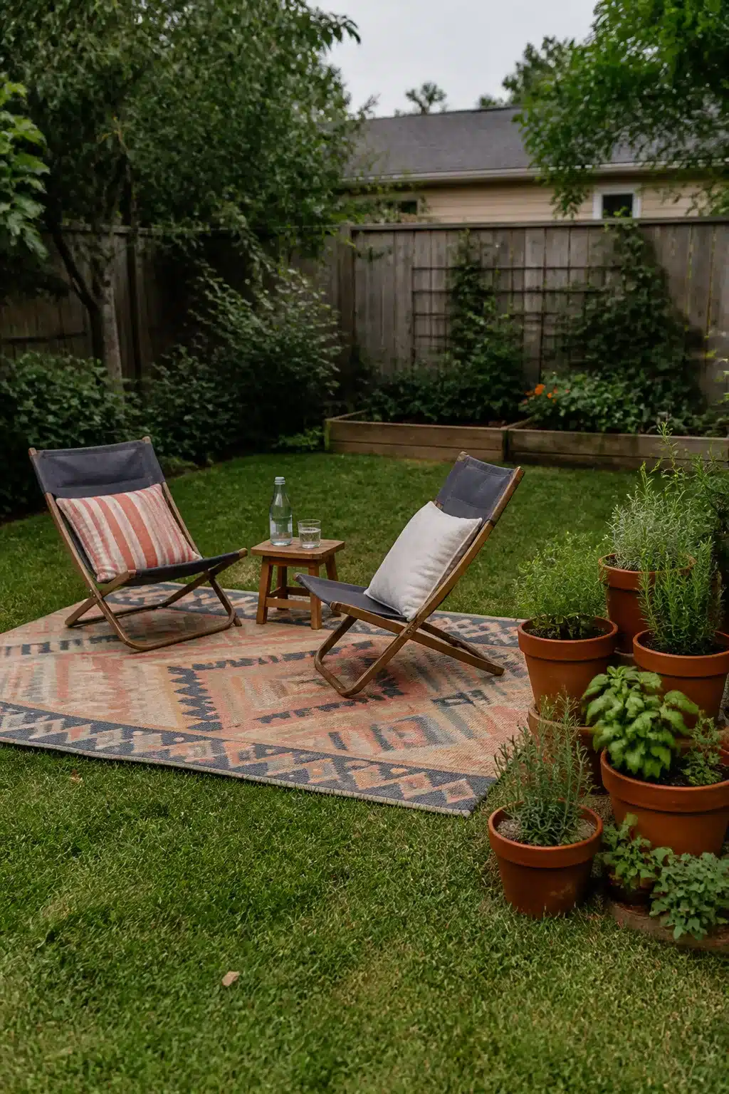 Folding chairs on a kilim outdoor rug in a green backyard — easy backyard ideas on a budget