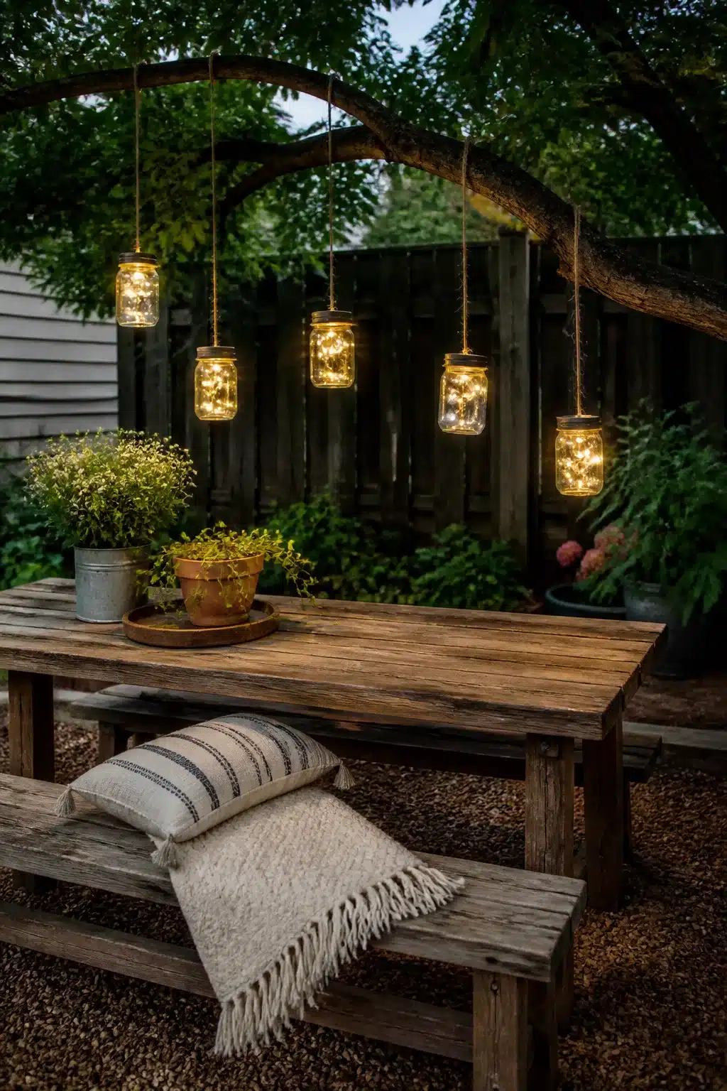 Mason jar fairy light pendants hung from a tree branch over a rustic outdoor table — easy backyard ideas on a budget.
