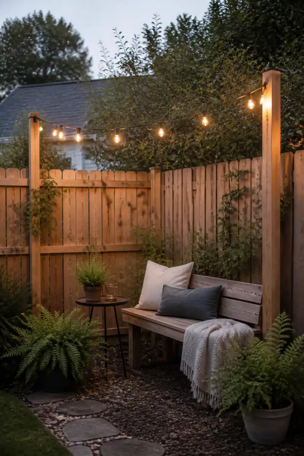 Edison string lights over a wooden bench nook — easy backyard idea on a budget for small outdoor spaces