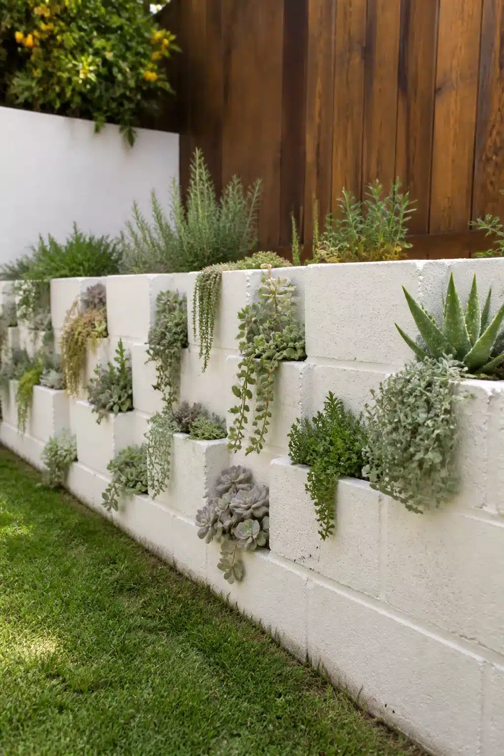 White painted cinder block planter wall with succulents — easy backyard ideas on a budget for outdoor spaces