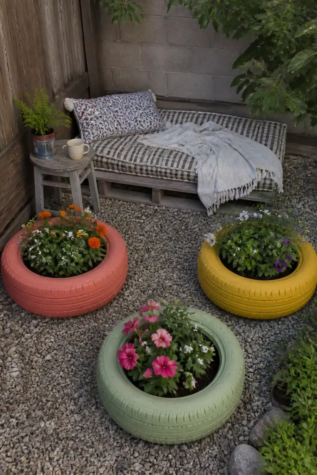 Bold painted tire planters filled with colorful flowers on gravel — easy backyard ideas on a budget.