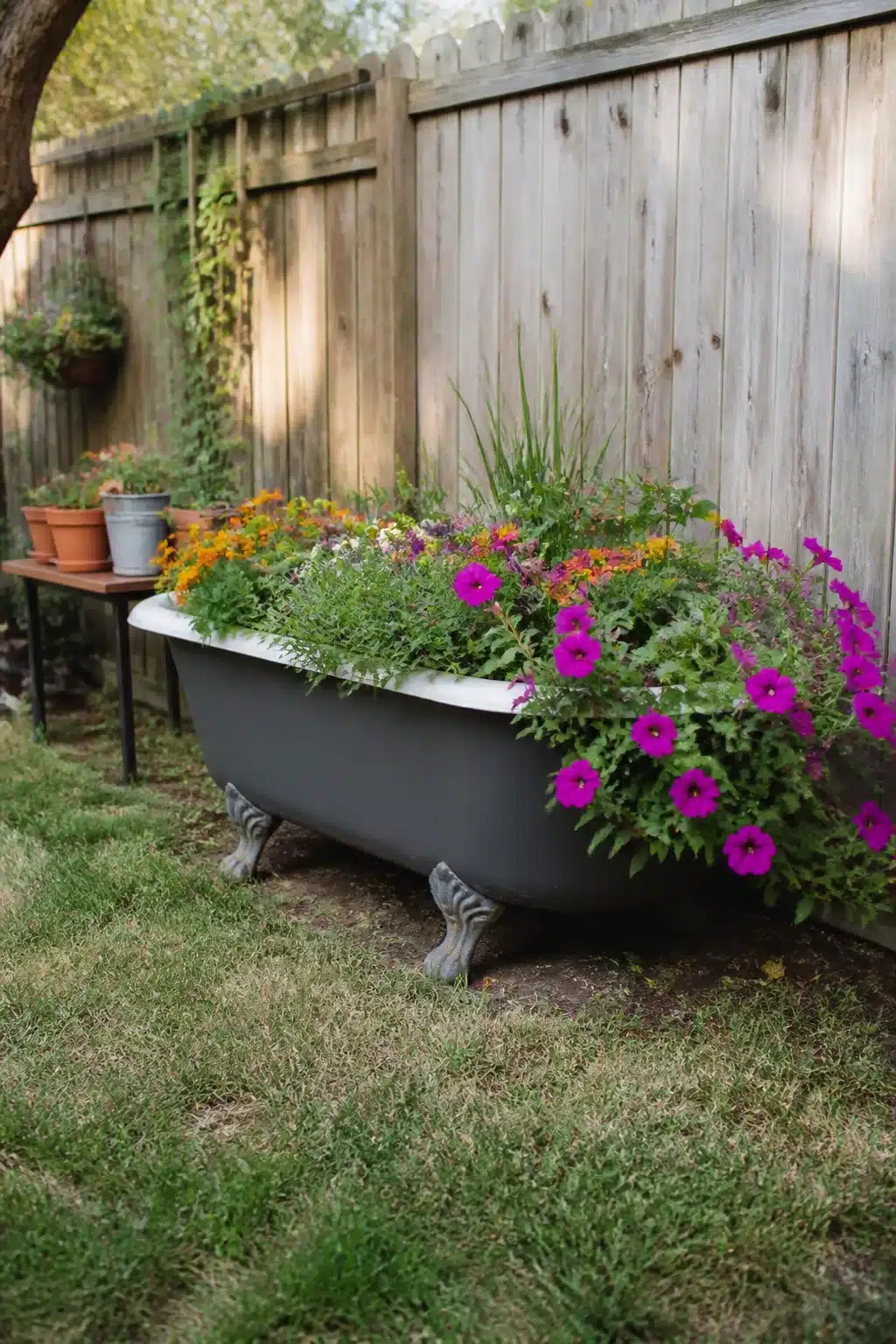 Dark gray clawfoot bathtub repurposed as a garden planter — easy backyard ideas on a budget using salvaged finds.