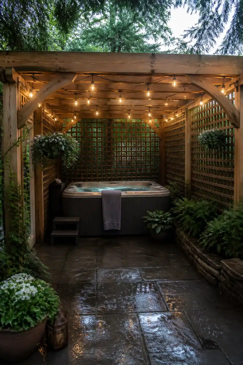 Enclosed hot tub ideas for backyards — cedar pergola with lattice panels and string lights in a lush garden setting.