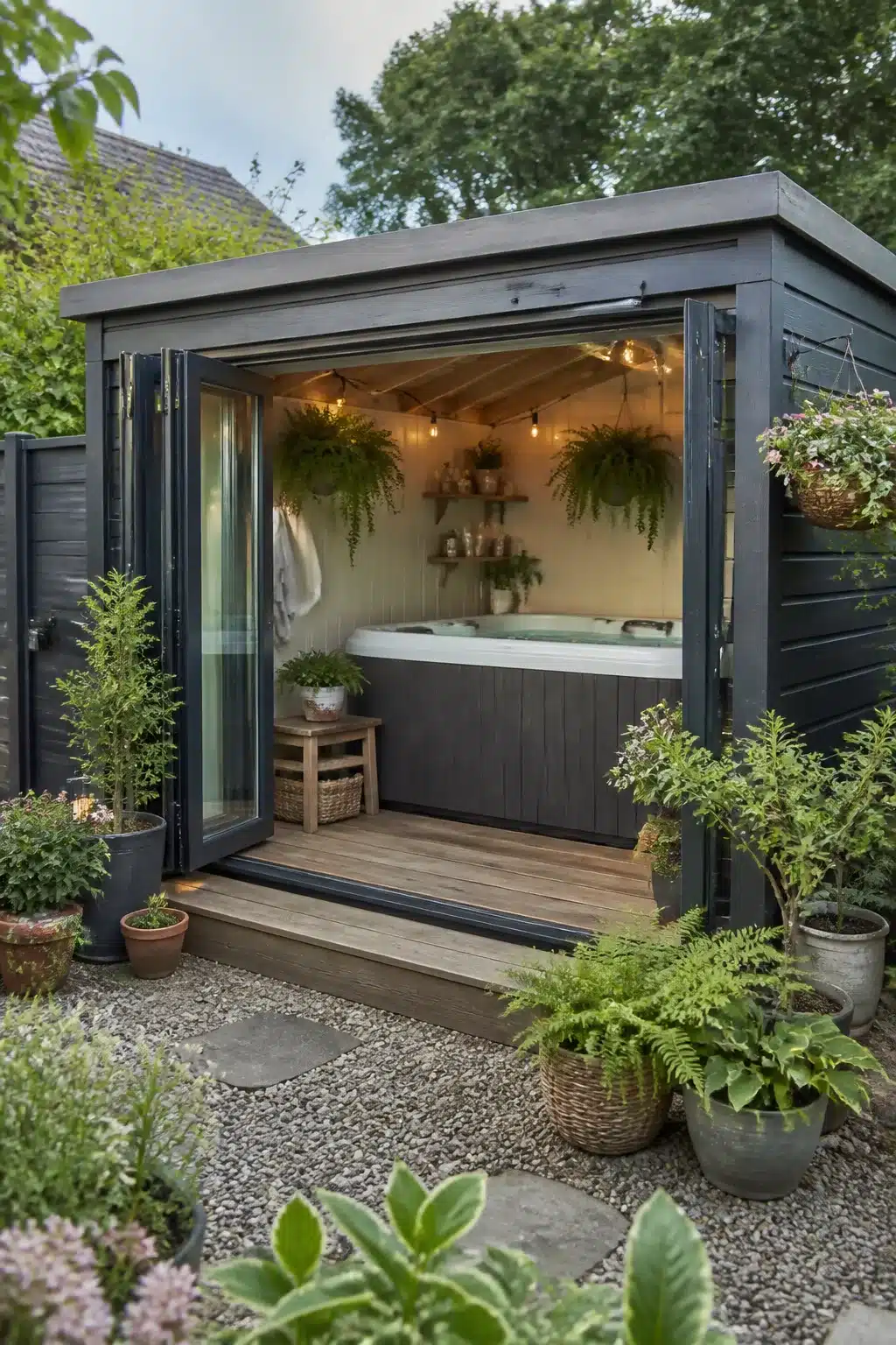Enclosed hot tub ideas for backyards — dark gray garden shed spa room with folding glass doors and hanging ferns