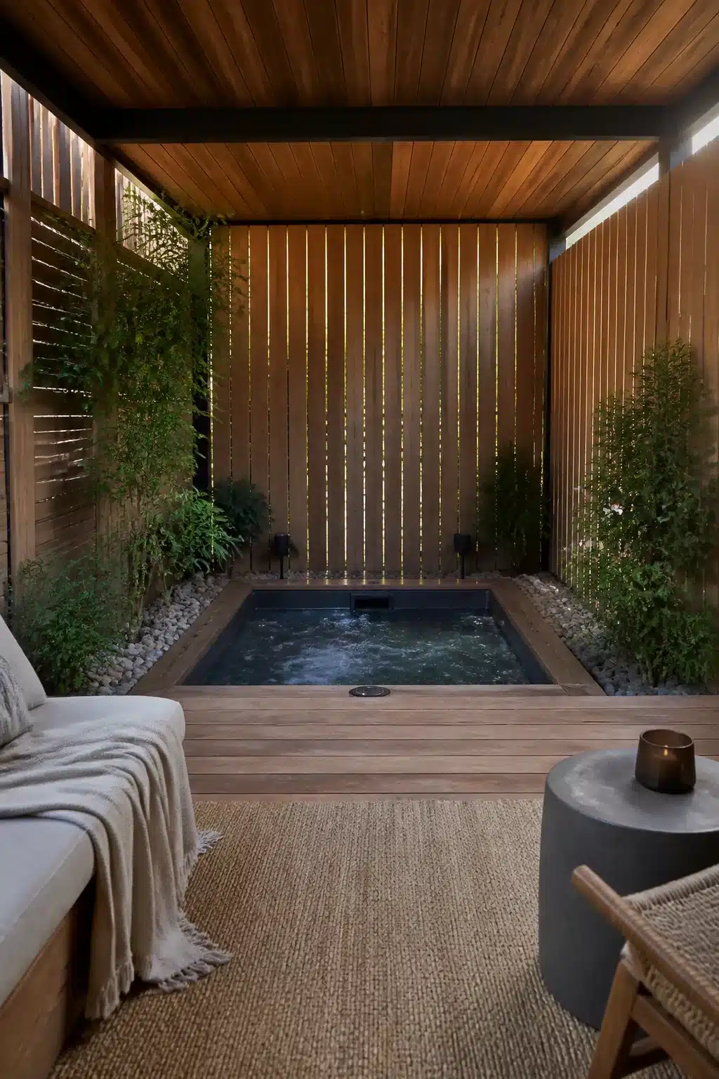 Enclosed hot tub ideas for backyards — sunken spa with vertical timber slatted walls and planted borders