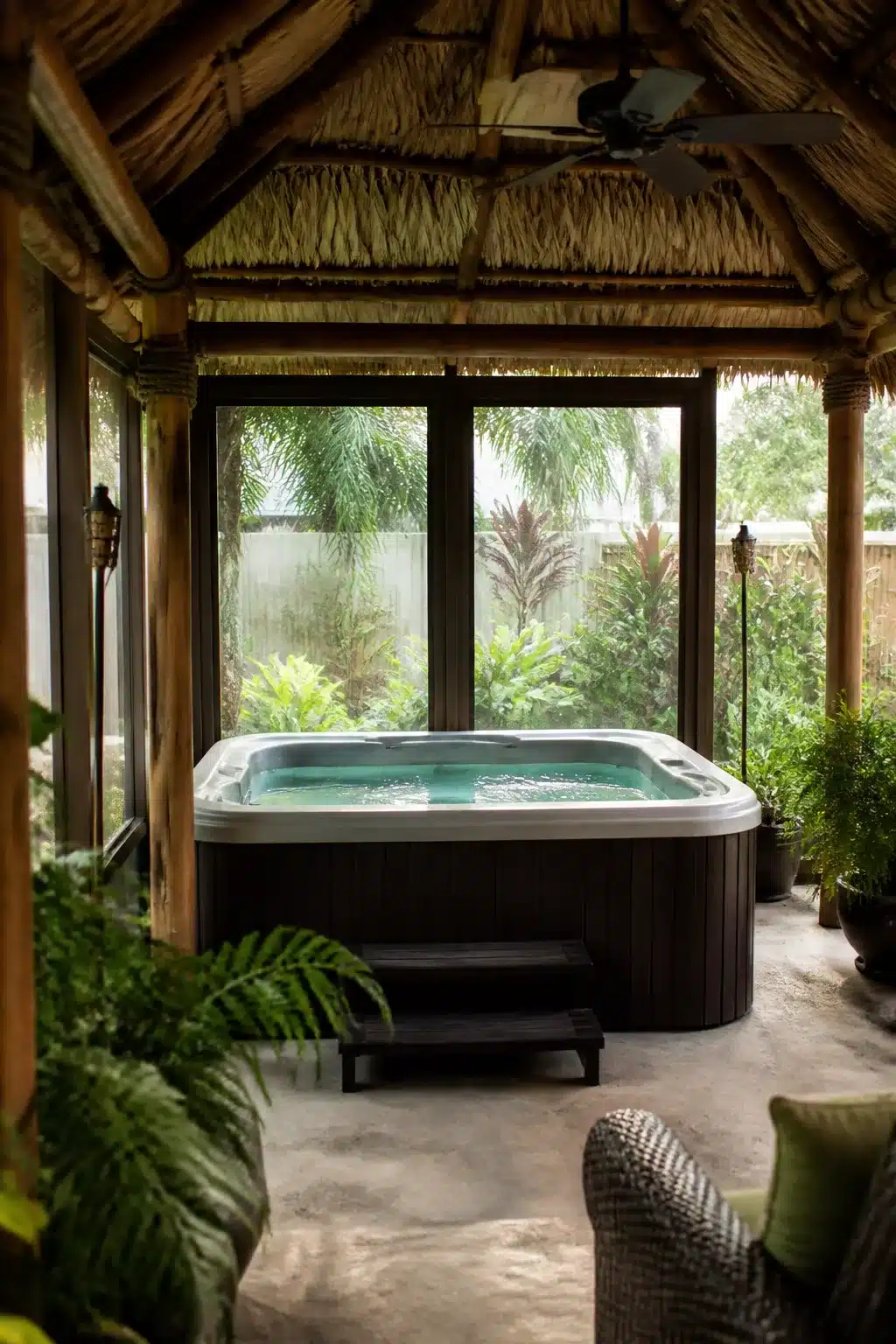 Enclosed hot tub ideas for backyards — thatched palm roof bale with dark wood spa shell and tropical garden views