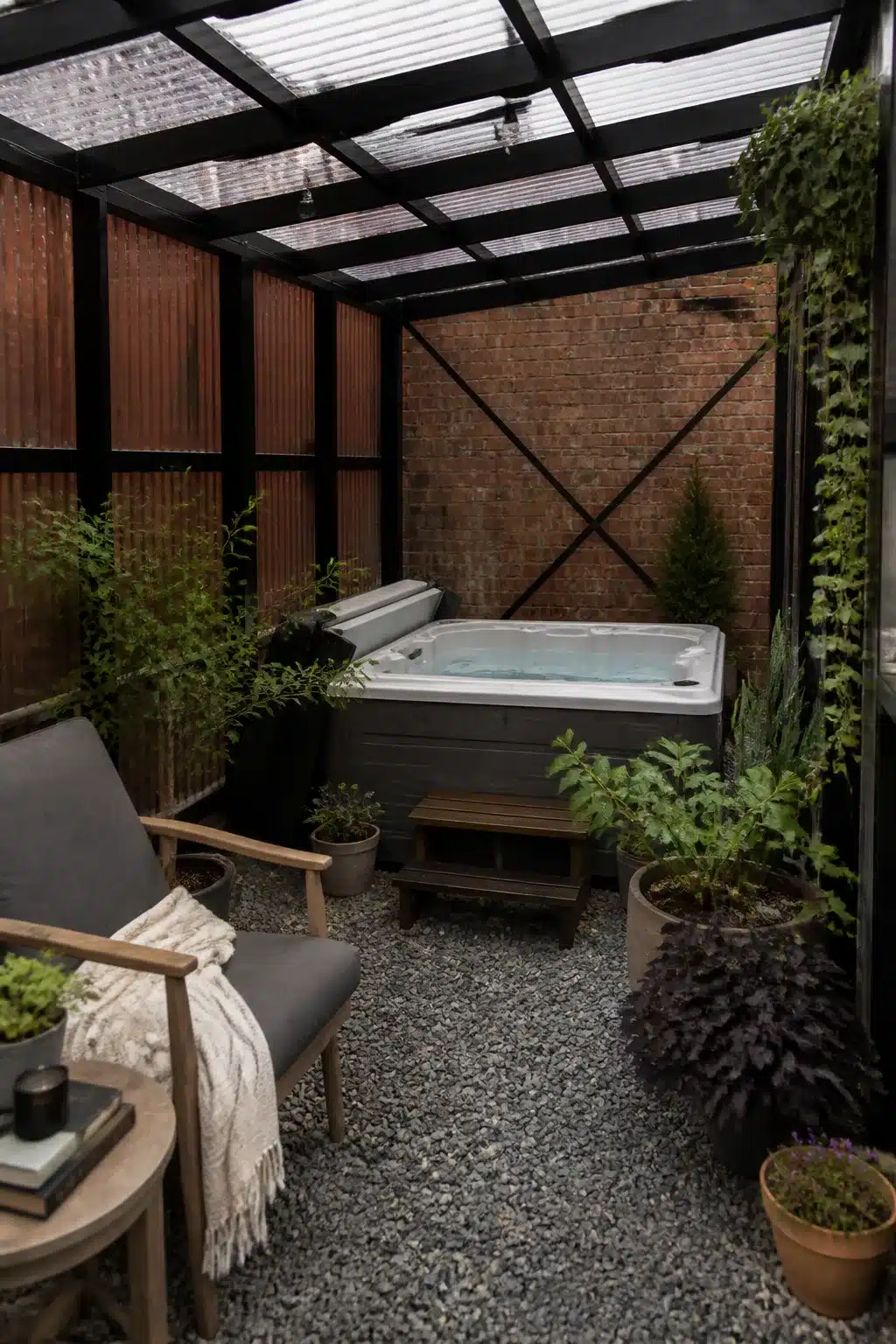 Enclosed hot tub ideas for backyards featuring corrugated steel walls, black frame roof, and gravel floor with lush potted plants