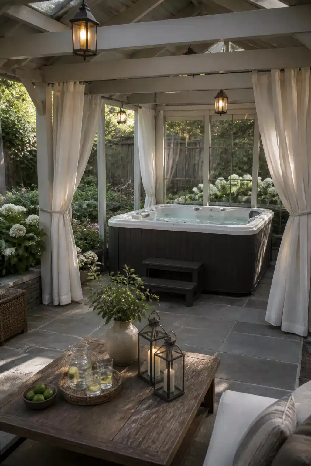 White pergola with sheer curtains enclosing a backyard hot tub — enclosed hot tub ideas for backyards