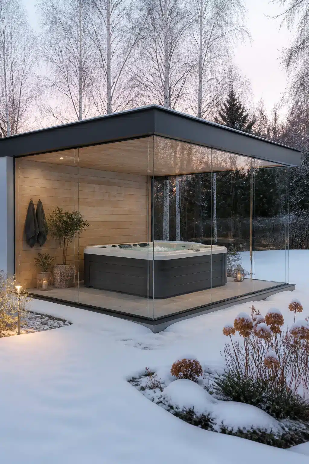 Enclosed hot tub ideas for backyards — Scandinavian glass box with warm wood cladding and snow-covered garden