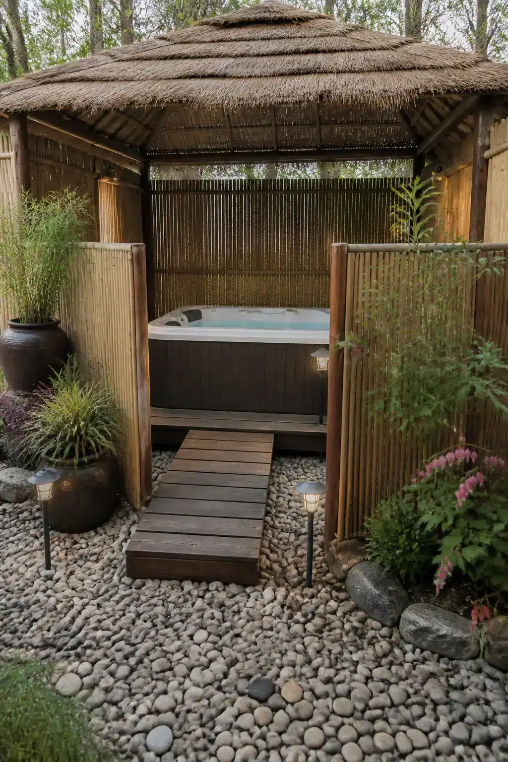 Bamboo fence and thatched roof enclosed hot tub backyard idea with pebble floor and wood step — enclosed hot tub ideas for backyards