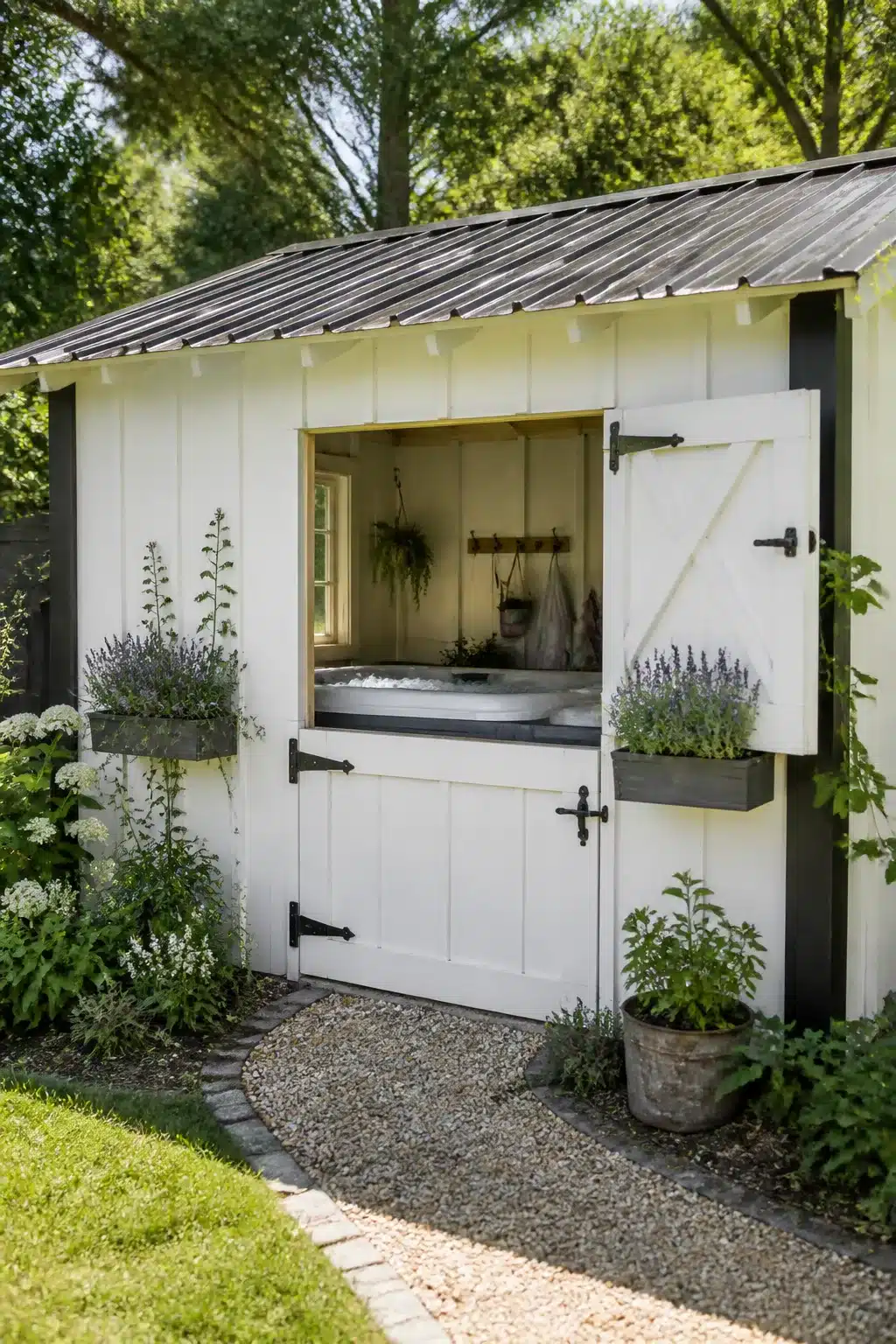 White board and batten shed enclosure with Dutch door and hot tub inside — enclosed hot tub ideas for backyards