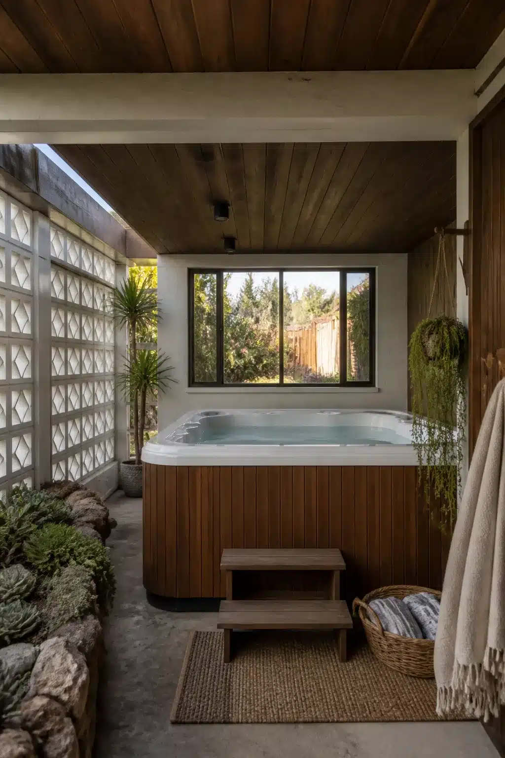 Enclosed hot tub ideas for backyards featuring breeze block walls, wood paneling, and dark timber ceiling in a mid-century style.