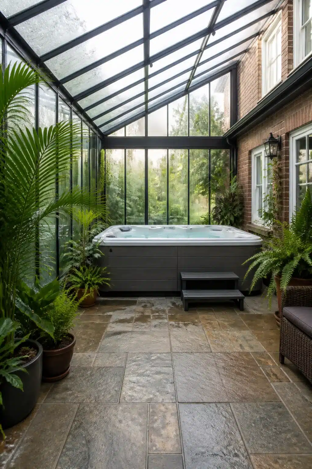 Enclosed hot tub ideas for backyards — glass conservatory with black steel frame, slate tiles, and tropical plants