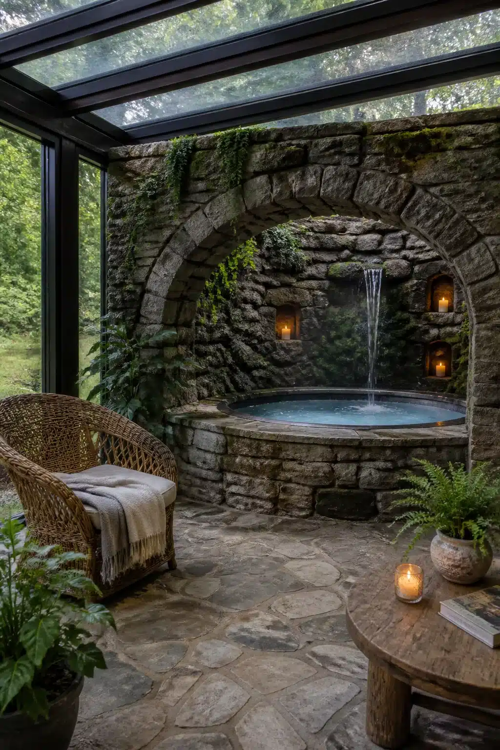 Stone grotto arch enclosure with waterfall hot tub and glass roof — enclosed hot tub ideas for backyards