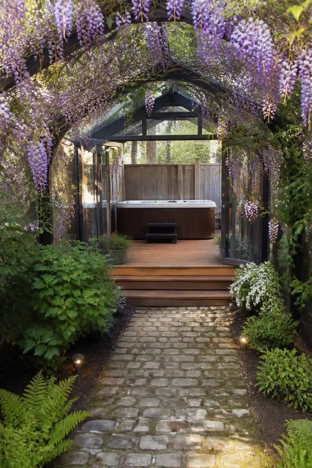 Enclosed hot tub ideas for backyards — wisteria arch tunnel with cobblestone path and glass-roofed hot tub enclosure