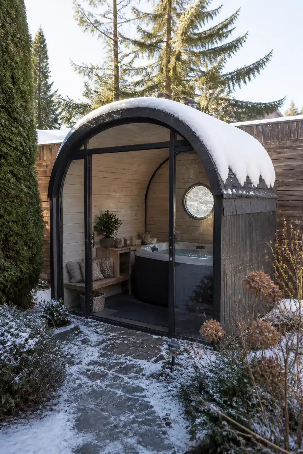Enclosed hot tub ideas for backyards — arched black insulated pod with glass front, pine interior, and porthole window in snowy garden