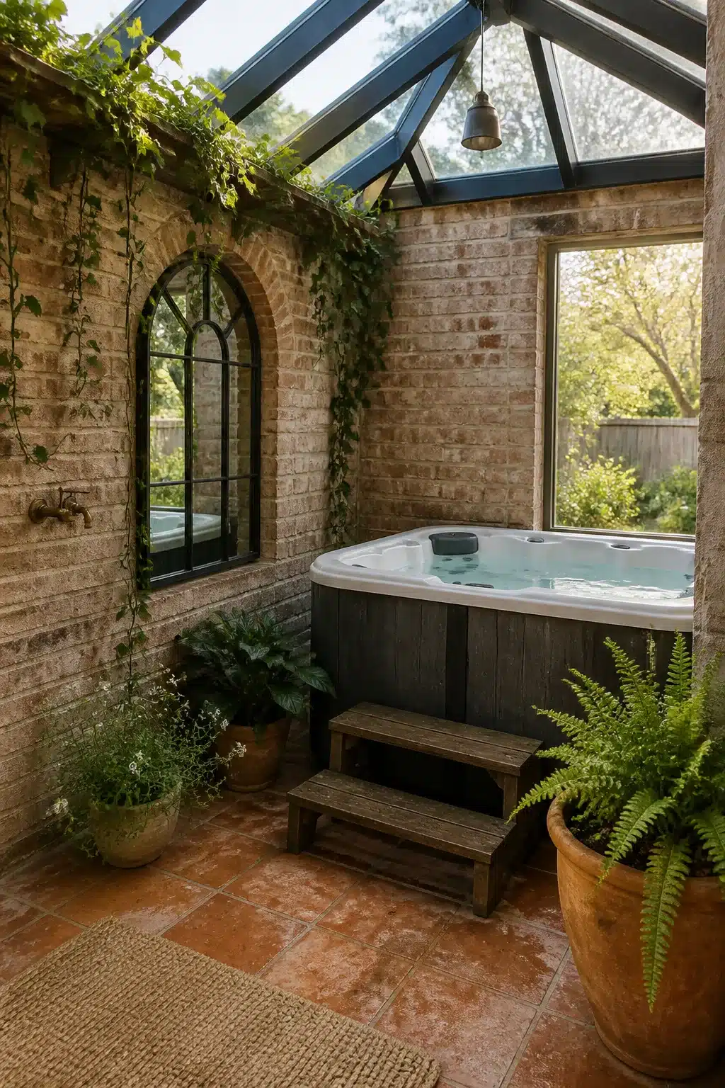 Enclosed hot tub ideas for backyards — reclaimed brick garden room with glass roof, ivy walls, and terracotta pots