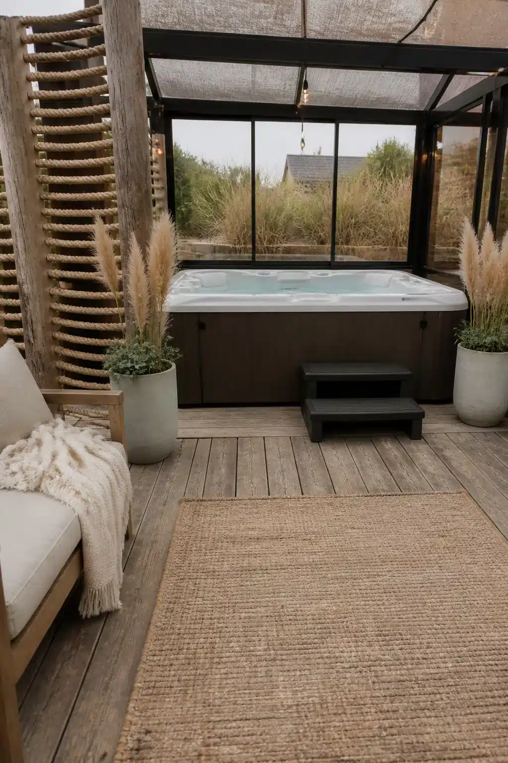 Enclosed hot tub ideas for backyards featuring rope privacy screens, weathered deck, and pampas grass planters.
