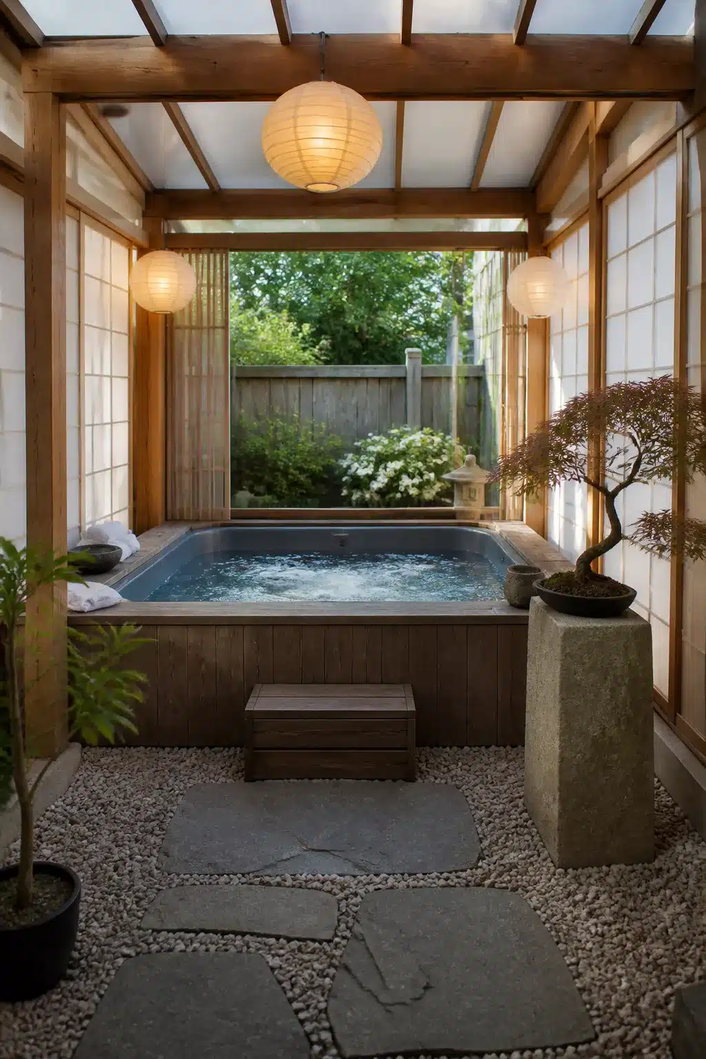 Enclosed hot tub ideas for backyards with shoji screen walls, pea gravel floor, and Japanese maple bonsai.