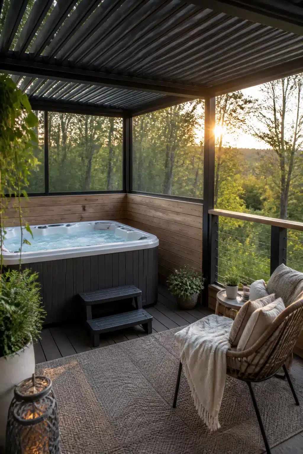 Enclosed hot tub ideas for backyards — composite floating deck with steel cable rails and corrugated metal roof at sunset