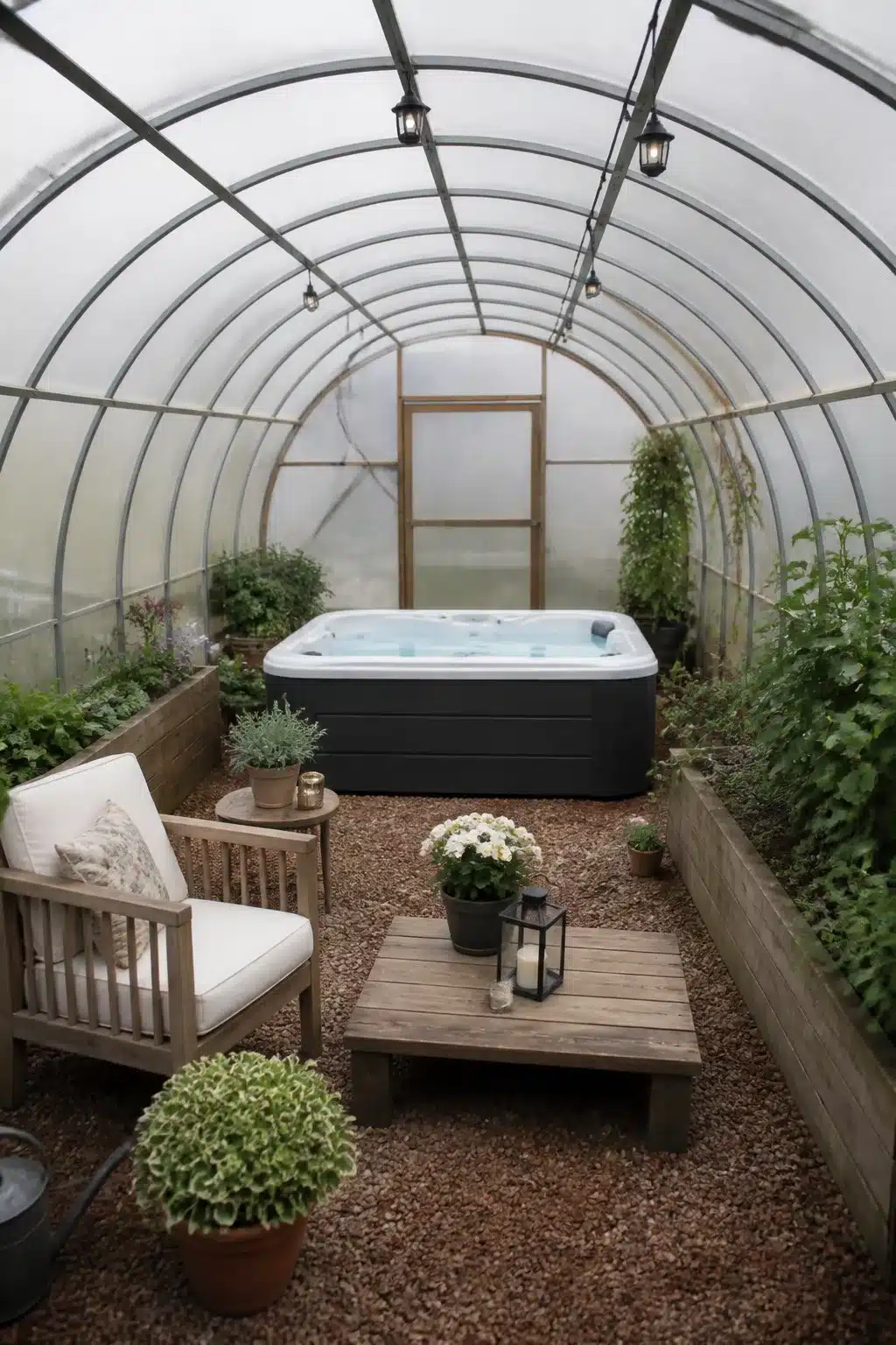 Enclosed hot tub ideas for backyards — arched polycarbonate tunnel with gravel floor, planting beds, and hanging lanterns.