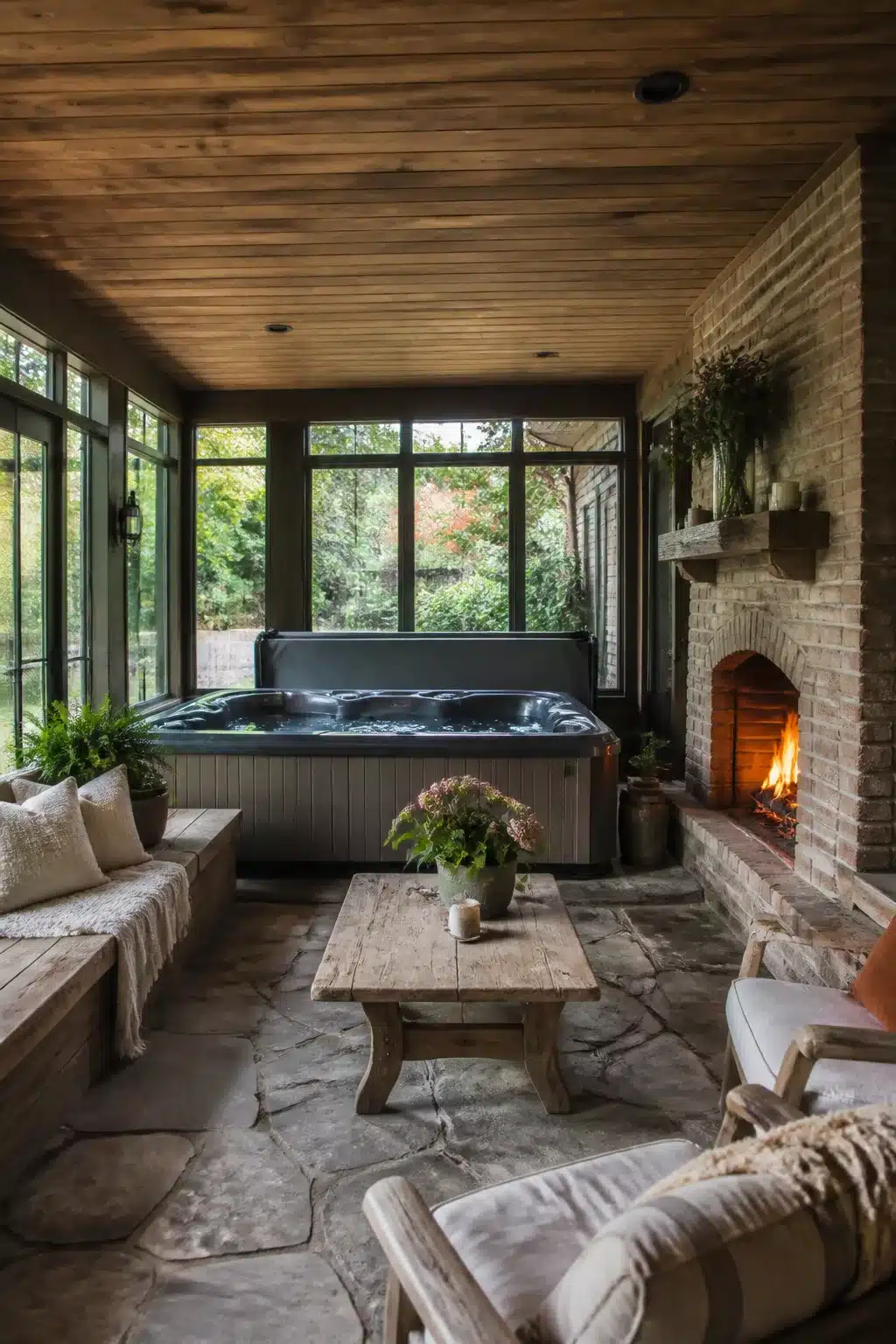 Enclosed hot tub ideas for backyards featuring a cream brick fireplace, stone floor, and built-in bench seating.