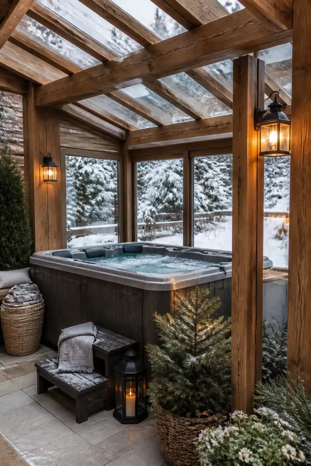 Enclosed hot tub ideas for backyards featuring a rustic log frame structure with glass roof panels and snow views