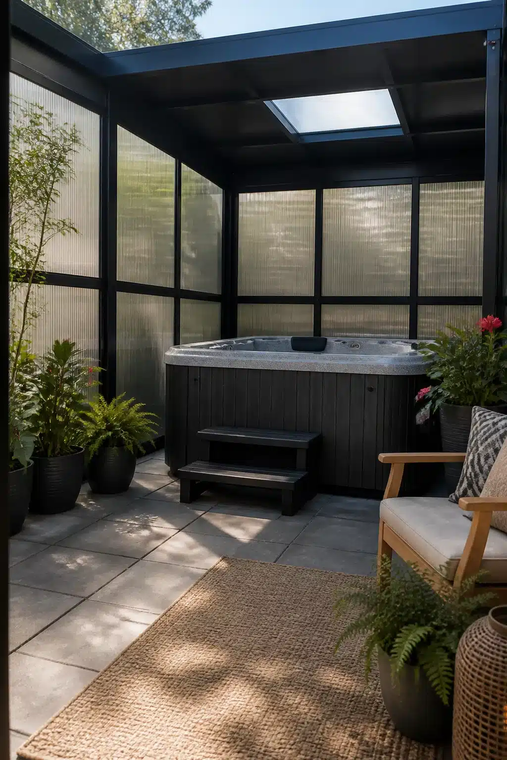 Black steel and polycarbonate enclosed hot tub ideas for backyards with skylight and patio tile floor